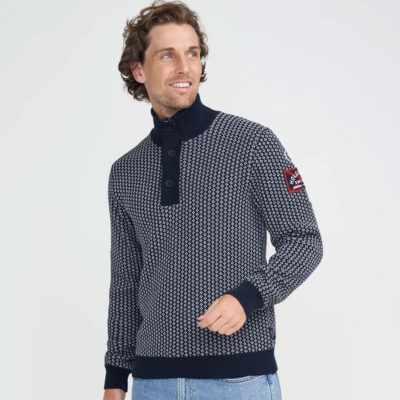 Holebrook Frej T-Neck Windproof Sweater - Navy/Off White Jacquard